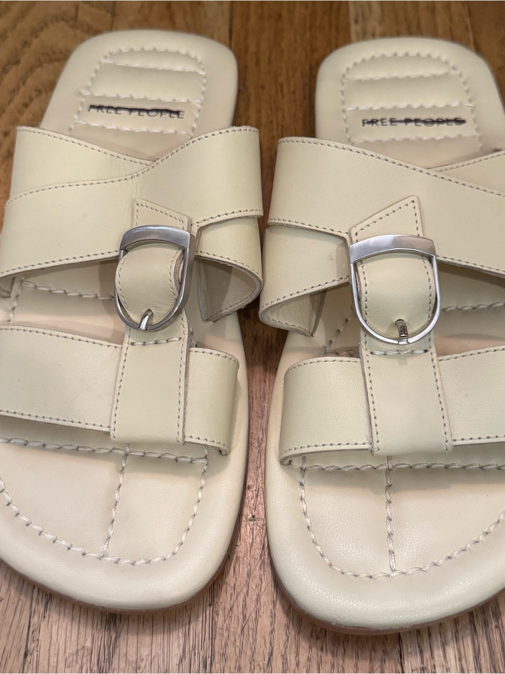 Size 7 - Free People Cream Slide Sandals with Silver Buckle Detail